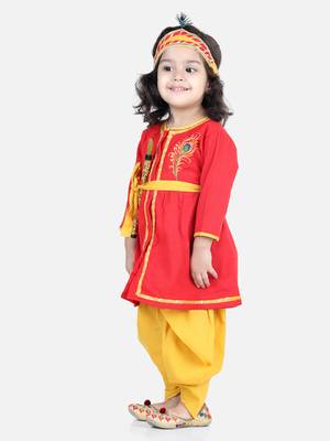 BownBee Cotton Embroidery Radha Top Dhoti with Mukut Sets for Girls-Red 2