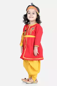 BownBee Cotton Embroidery Radha Top Dhoti with Mukut Sets for Girls-Red