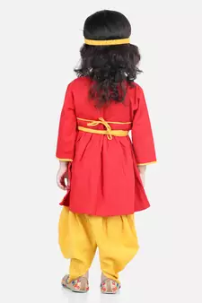 BownBee Cotton Embroidery Radha Top Dhoti with Mukut Sets for Girls-Red