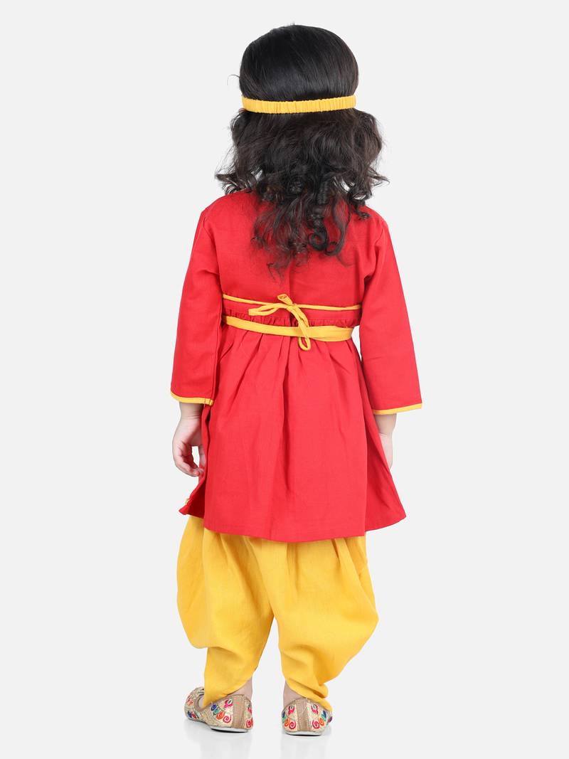 BownBee Cotton Embroidery Radha Top Dhoti with Mukut Sets for Girls-Red