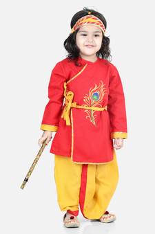 BownBee Cotton Embroidery Kanhaiya Dhoti Kurta Mukut Sets for Boys-Red