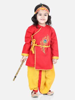 BownBee Cotton Embroidery Kanhaiya Dhoti Kurta Mukut Sets for Boys-Red 1