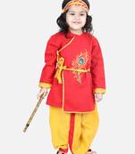 BownBee Cotton Embroidery Kanhaiya Dhoti Kurta Mukut Sets for Boys-Red