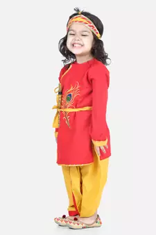 BownBee Cotton Embroidery Kanhaiya Dhoti Kurta Mukut Sets for Boys-Red
