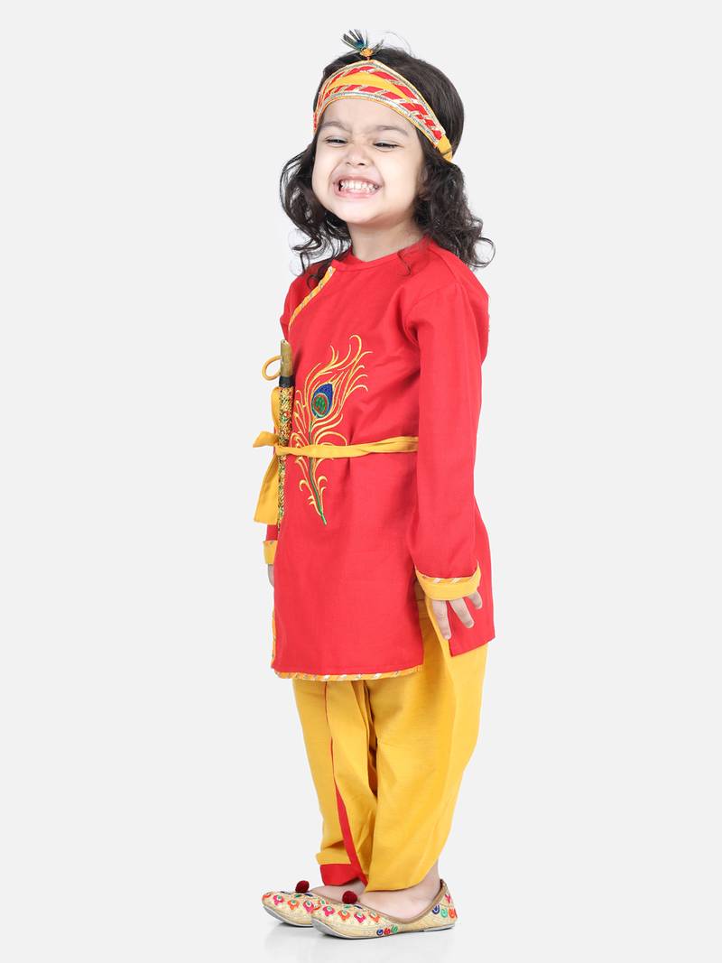 BownBee Cotton Embroidery Kanhaiya Dhoti Kurta Mukut Sets for Boys-Red