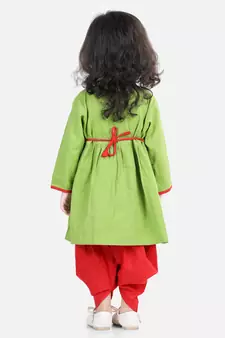 BownBee Cotton Embroidery Top Dhoti for Girls-Green