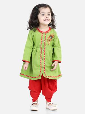 BownBee Cotton Embroidery Top Dhoti for Girls-Green 3