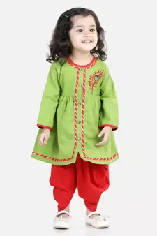 BownBee Cotton Embroidery Top Dhoti for Girls-Green