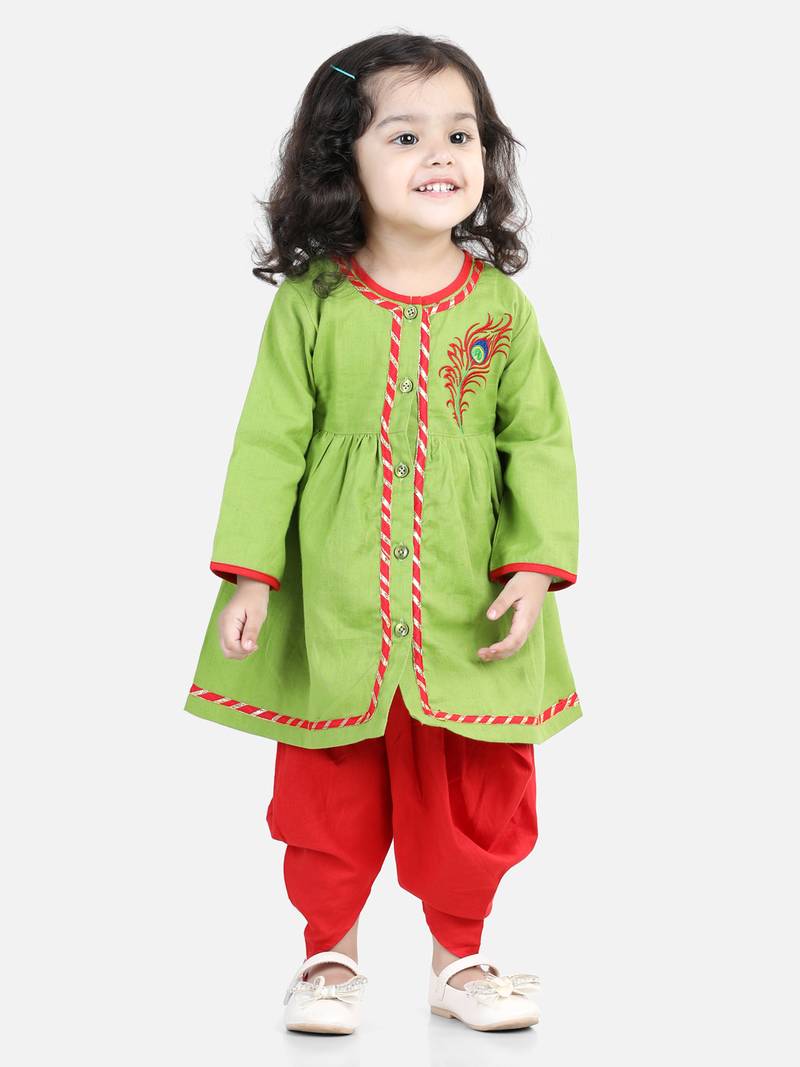 BownBee Cotton Embroidery Top Dhoti for Girls-Green