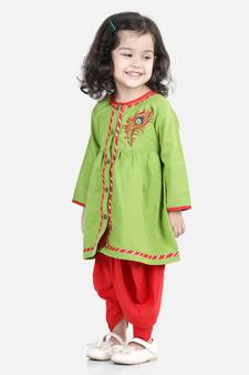 BownBee Cotton Embroidery Top Dhoti for Girls-Green