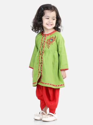 BownBee Cotton Embroidery Top Dhoti for Girls-Green 1