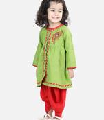 BownBee Cotton Embroidery Top Dhoti for Girls-Green