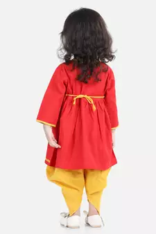 BownBee Cotton Embroidery Top Dhoti for Girls-Red
