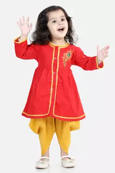 BownBee Cotton Embroidery Top Dhoti for Girls-Red