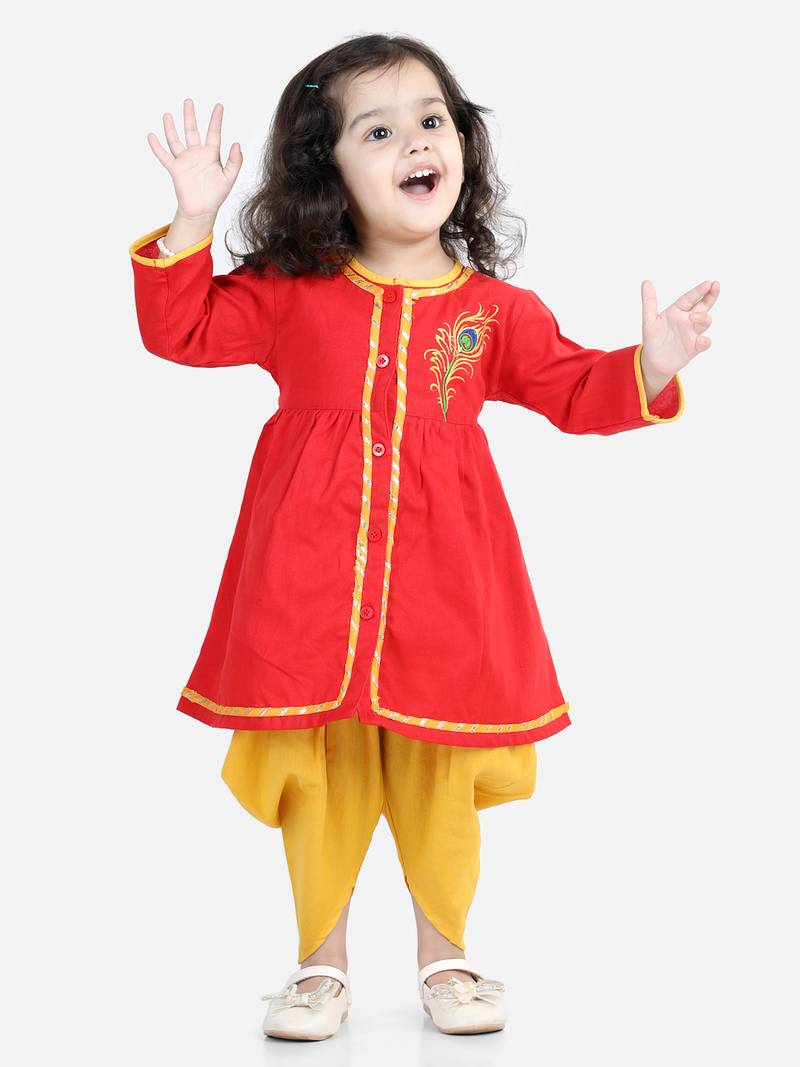 BownBee Cotton Embroidery Top Dhoti for Girls-Red
