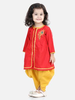 BownBee Cotton Embroidery Top Dhoti for Girls-Red 1