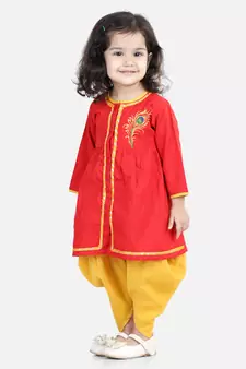 BownBee Cotton Embroidery Top Dhoti for Girls-Red
