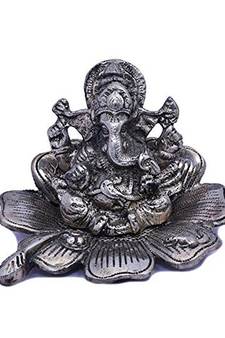 Oxidized White Silver Metal Flower Lord Ganesha Idol