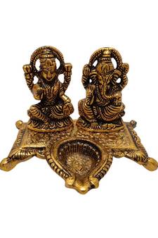Laxmi Ganesha Aluminium Idol Decorative Platter with Diya Antique Showpiece