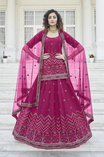 Deep Pink Chinon Chiffon Gota Patti And Thread With Embroidered Work Semi Stitched Lehenga With Dupatta
