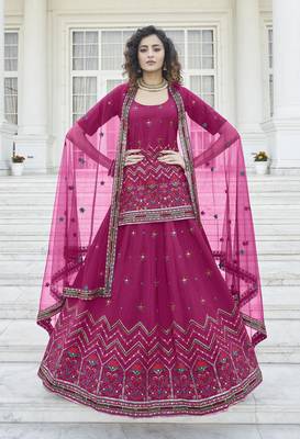 Deep Pink Chinon Chiffon Gota Patti And Thread With Embroidered Work Semi Stitched Lehenga With Dupatta 1