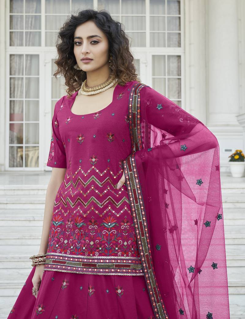 Deep Pink Chinon Chiffon Gota Patti And Thread With Embroidered Work Semi Stitched Lehenga With Dupatta
