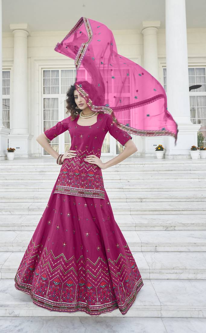 Deep Pink Chinon Chiffon Gota Patti And Thread With Embroidered Work Semi Stitched Lehenga With Dupatta