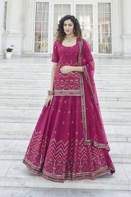 Deep Pink Chinon Chiffon Gota Patti And Thread With Embroidered Work Semi Stitched Lehenga With Dupatta 4