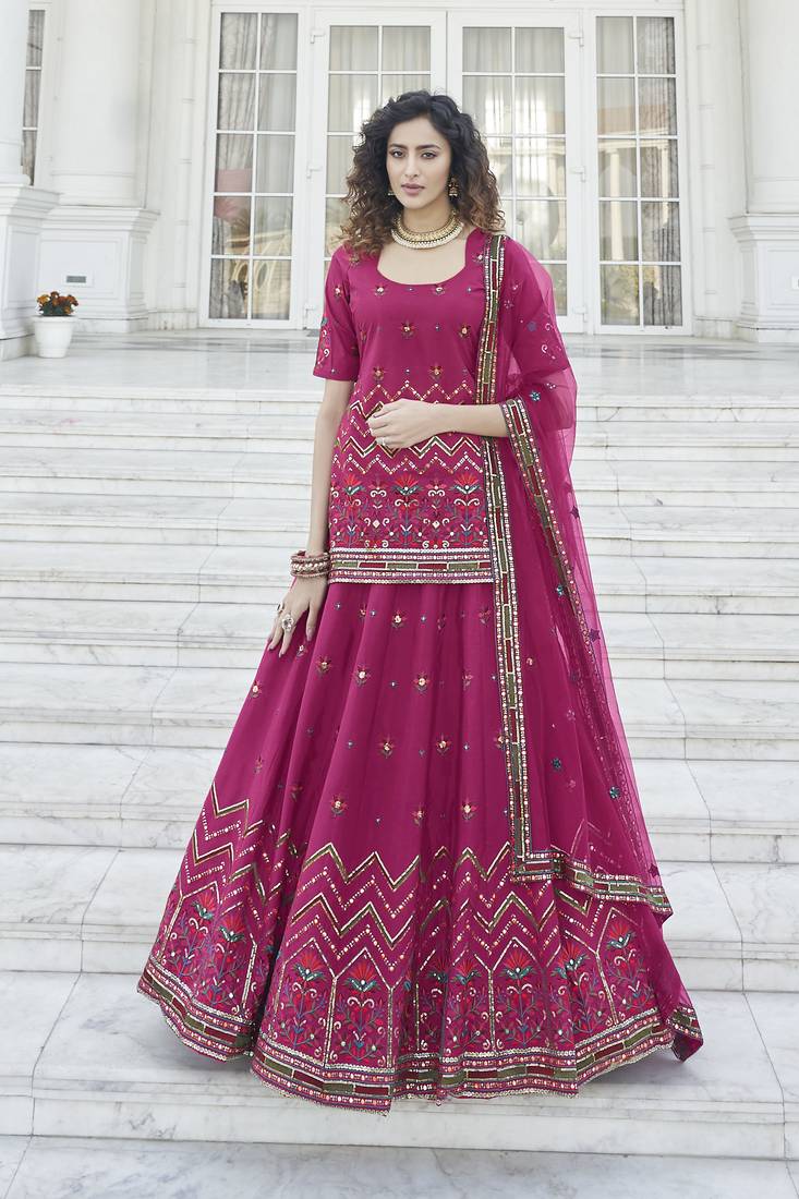 Deep Pink Chinon Chiffon Gota Patti And Thread With Embroidered Work Semi Stitched Lehenga With Dupatta