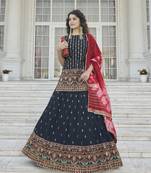 Navy Blue Chinon Chiffon Gota Patti And Thread With Embroidered Work Semi Stitched Lehenga With Dupatta