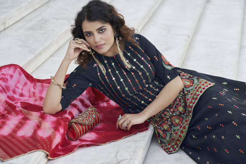 Navy Blue Chinon Chiffon Gota Patti And Thread With Embroidered Work Semi Stitched Lehenga With Dupatta