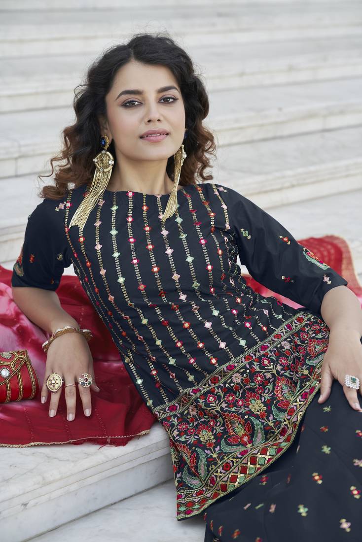 Navy Blue Chinon Chiffon Gota Patti And Thread With Embroidered Work Semi Stitched Lehenga With Dupatta