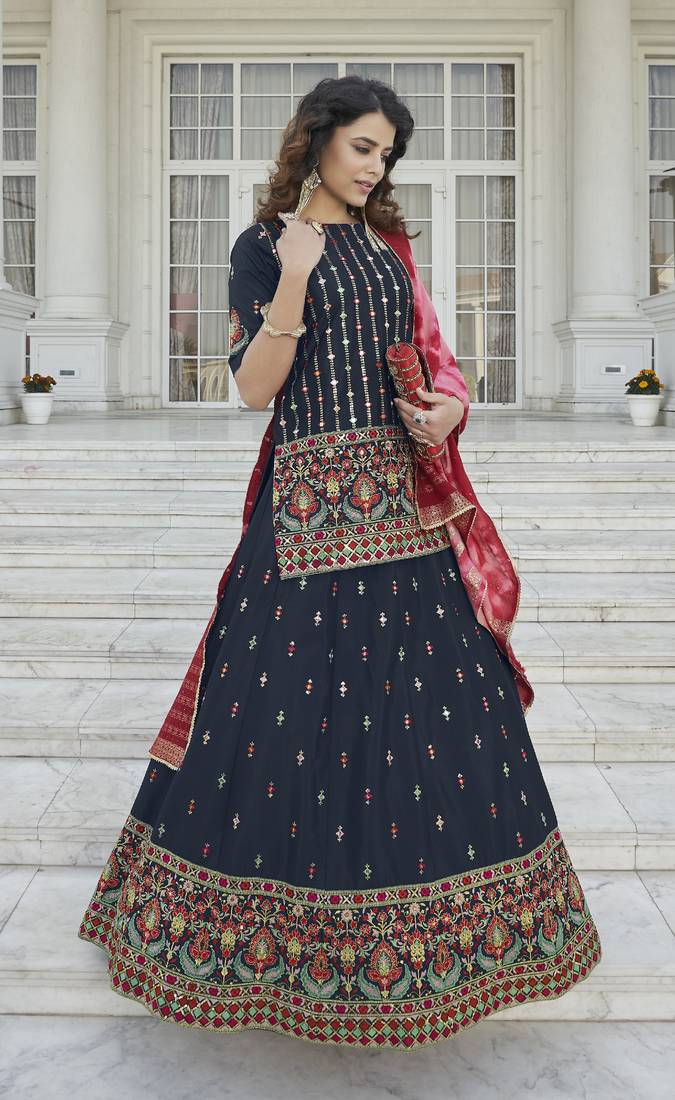 Navy Blue Chinon Chiffon Gota Patti And Thread With Embroidered Work Semi Stitched Lehenga With Dupatta