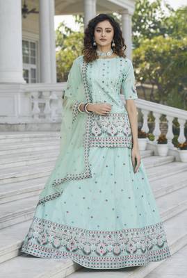 Sky Blue Chinon Chiffon Gota Patti And Thread With Embroidered Work Semi Stitched Lehenga With Dupatta 1