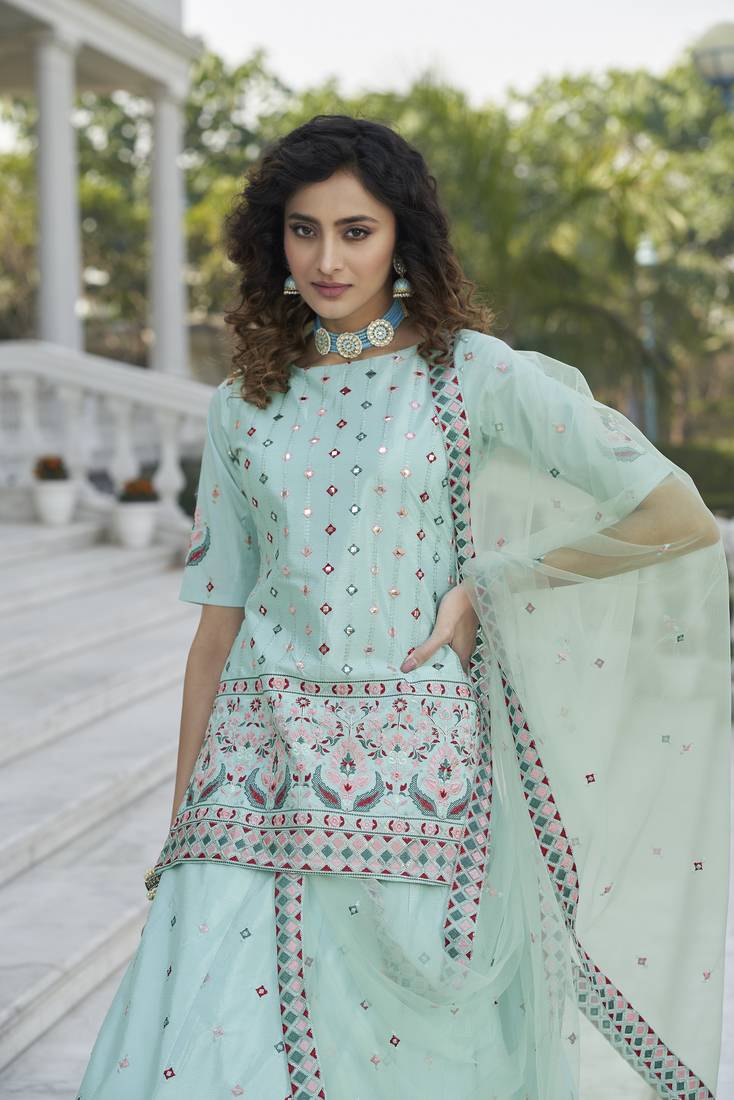 Sky Blue Chinon Chiffon Gota Patti And Thread With Embroidered Work Semi Stitched Lehenga With Dupatta