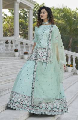 Sky Blue Chinon Chiffon Gota Patti And Thread With Embroidered Work Semi Stitched Lehenga With Dupatta 3