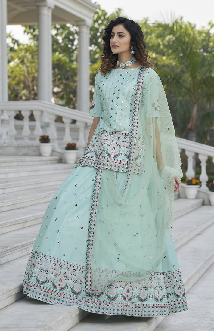 Sky Blue Chinon Chiffon Gota Patti And Thread With Embroidered Work Semi Stitched Lehenga With Dupatta