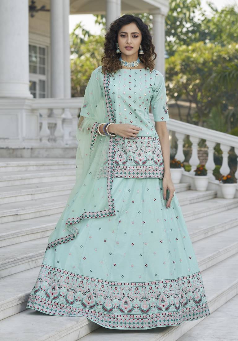 Sky Blue Chinon Chiffon Gota Patti And Thread With Embroidered Work Semi Stitched Lehenga With Dupatta