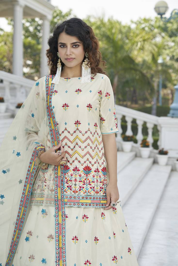 Beige Chinon Chiffon Gota Patti And Thread With Embroidered Work Semi Stitched Lehenga With Dupatta