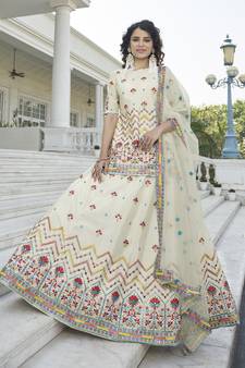 Beige Chinon Chiffon Gota Patti And Thread With Embroidered Work Semi Stitched Lehenga With Dupatta