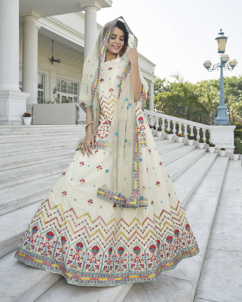 Beige Chinon Chiffon Gota Patti And Thread With Embroidered Work Semi Stitched Lehenga With Dupatta