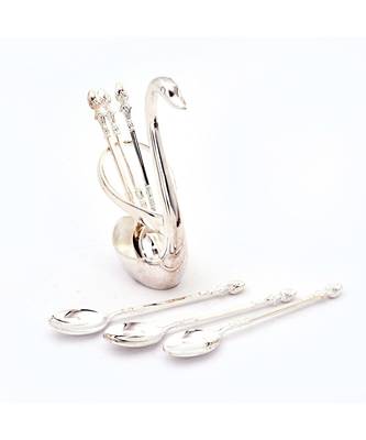 Silver Polished Swan Shaped 6 Spoon Set Stand 307 2