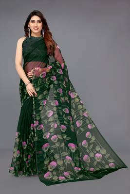 Dark green printed organza saree with blouse 1