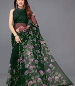 Dark green printed organza saree with blouse