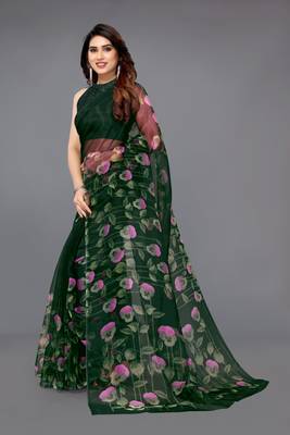 Dark green printed organza saree with blouse 2