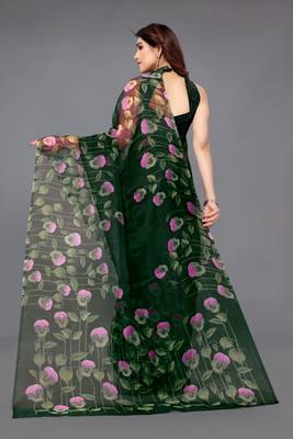Dark green printed organza saree with blouse 3