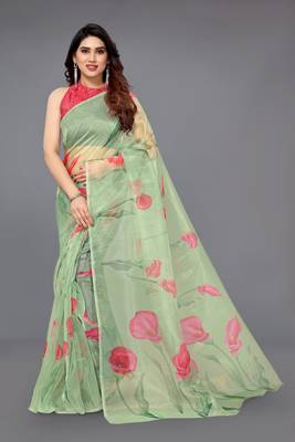 Green printed organza saree with blouse 1