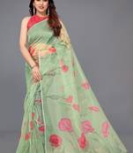 Green printed organza saree with blouse