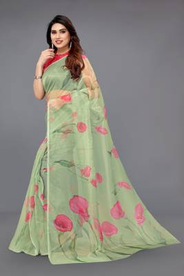 Green printed organza saree with blouse 2