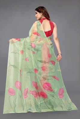 Green printed organza saree with blouse 3